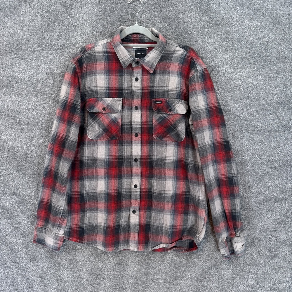RVCA Flannel Shirt Mens Medium Red Plaid Long Sleeve Button Down Casual Pocket